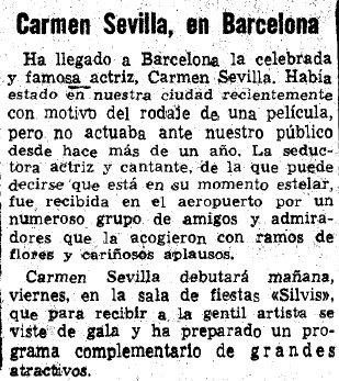 Noticia publicada en el diario La Vanguardia sobre la actuacin de Carmen Sevilla en la Discoteca Silvi's de Gav Mar (15 de octubre de 1970)